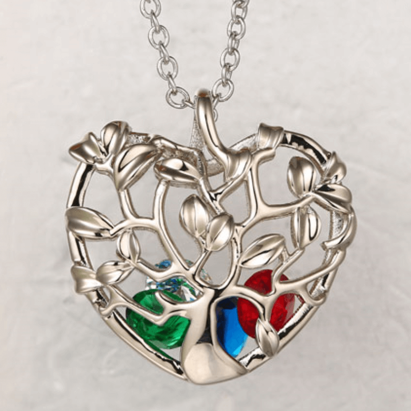 Collana con ciondolo in gabbia con albero genealogico a forma di cuore con 1-8 pietre portafortuna