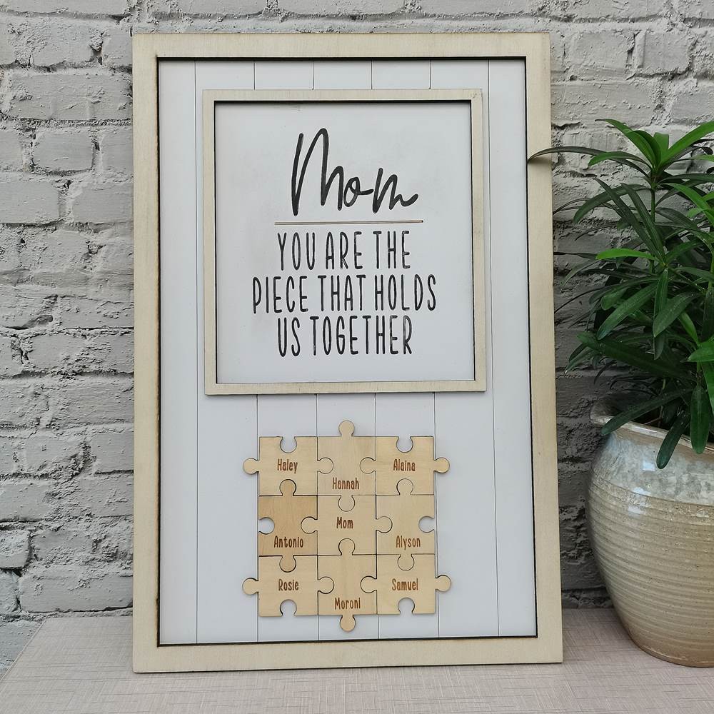 Regalo personalizzato per la festa della mamma Mamma, sei il pezzo che ci tiene insieme Puzzle pezzi Nome segno Home Decor