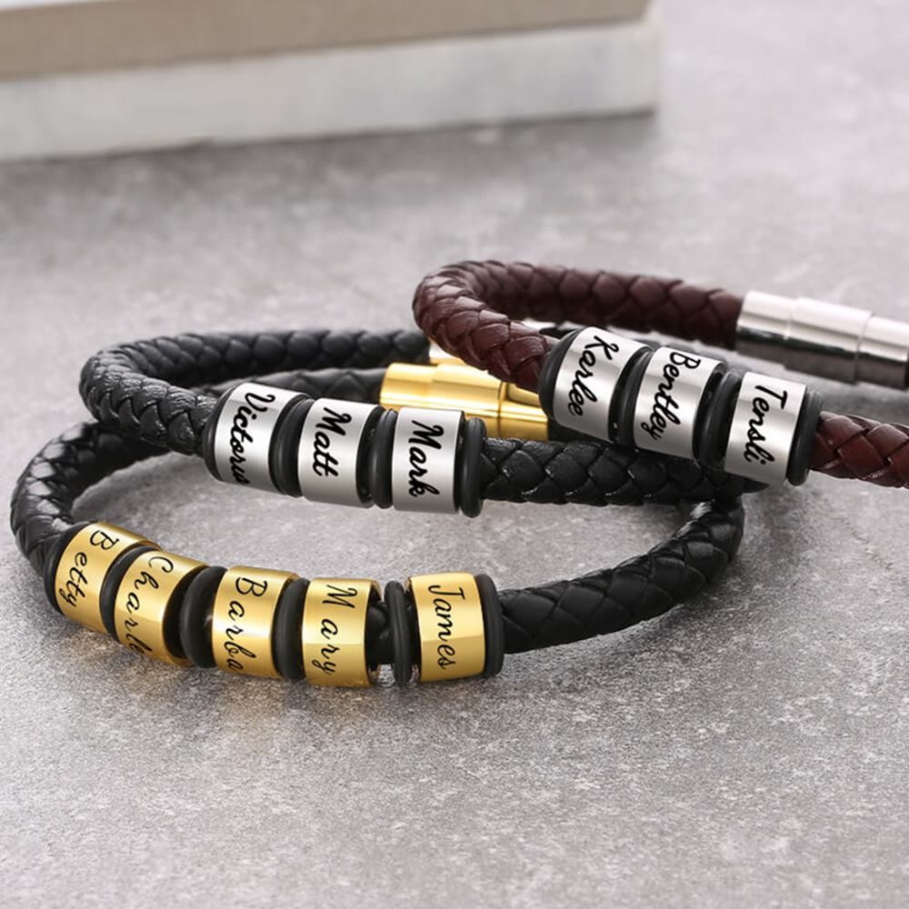 Bracciale in pelle nera con nome intrecciato personalizzato 1-10 perline