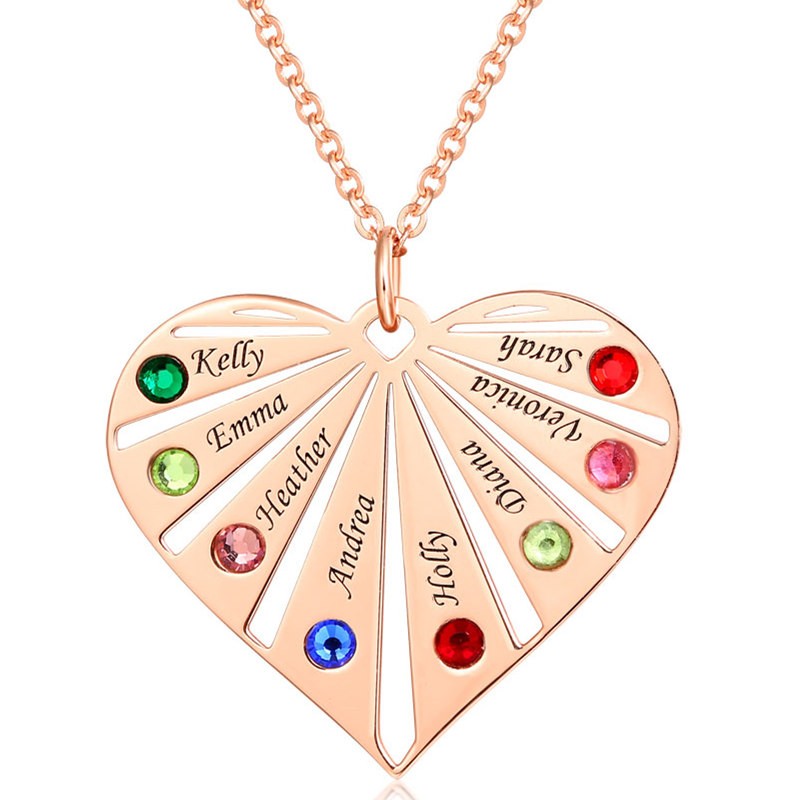 Collana personalizzata a cuore con nome di famiglia con incisione 1-8 con Birthstone