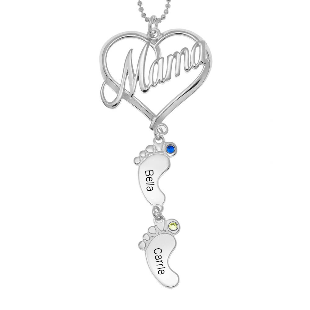 Collana con nome in pietra portafortuna personalizzata in argento con ciondolo a forma di cuore di mamma 1-10 piedi di bambino