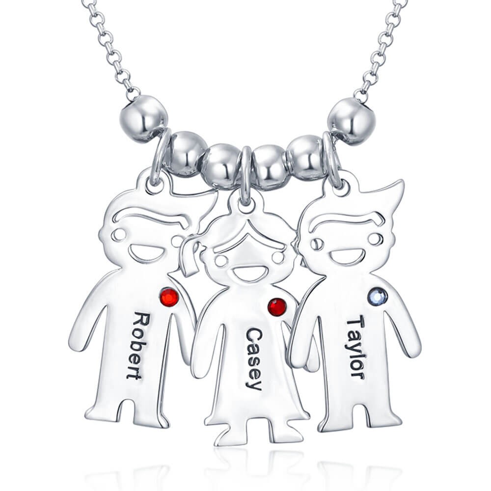 Collana personalizzata in argento con ciondolo famiglia 1-10 bambini con nome inciso con pietra portafortuna