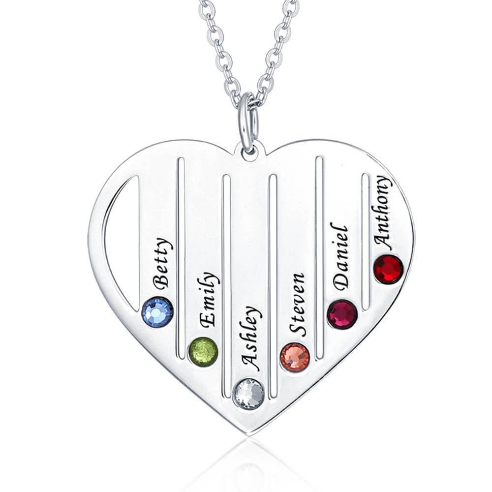 Collana con nome e pietre portafortuna personalizzate in argento con incisione familiare 1-7