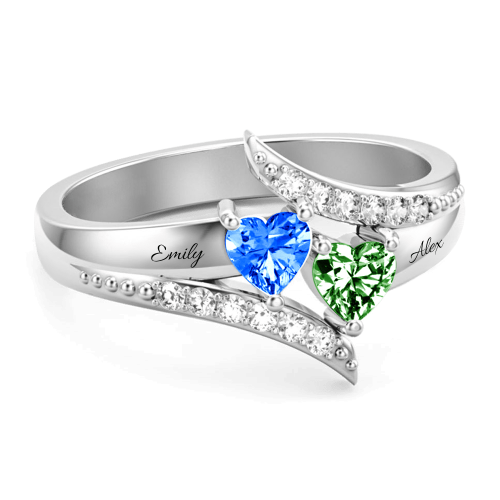 Anello di promessa personalizzato in argento sterling S925 con doppio cuore Birthstone per lei