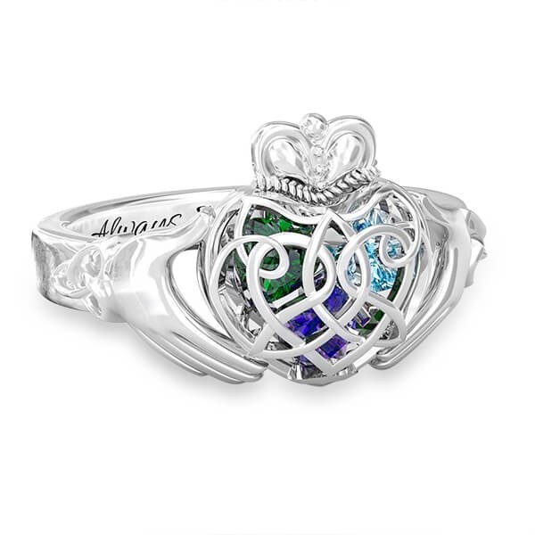 Anello Claddagh celtico con cuori in gabbia personalizzati in argento sterling S925 con 1-6 pietre portafortuna