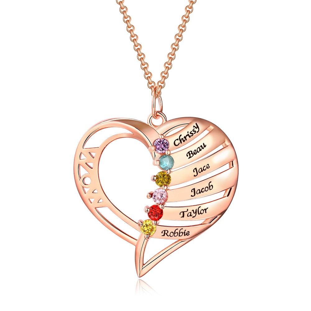 Collana personalizzata con nome inciso a forma di cuore 1-6 con Birthstone