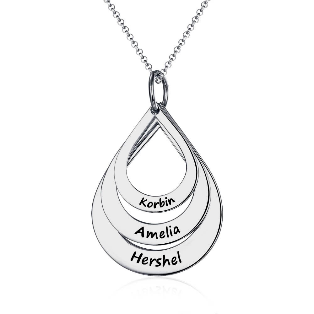 Collana con nomi di famiglia incisi personalizzati in argento a forma di fino a 5 gocce