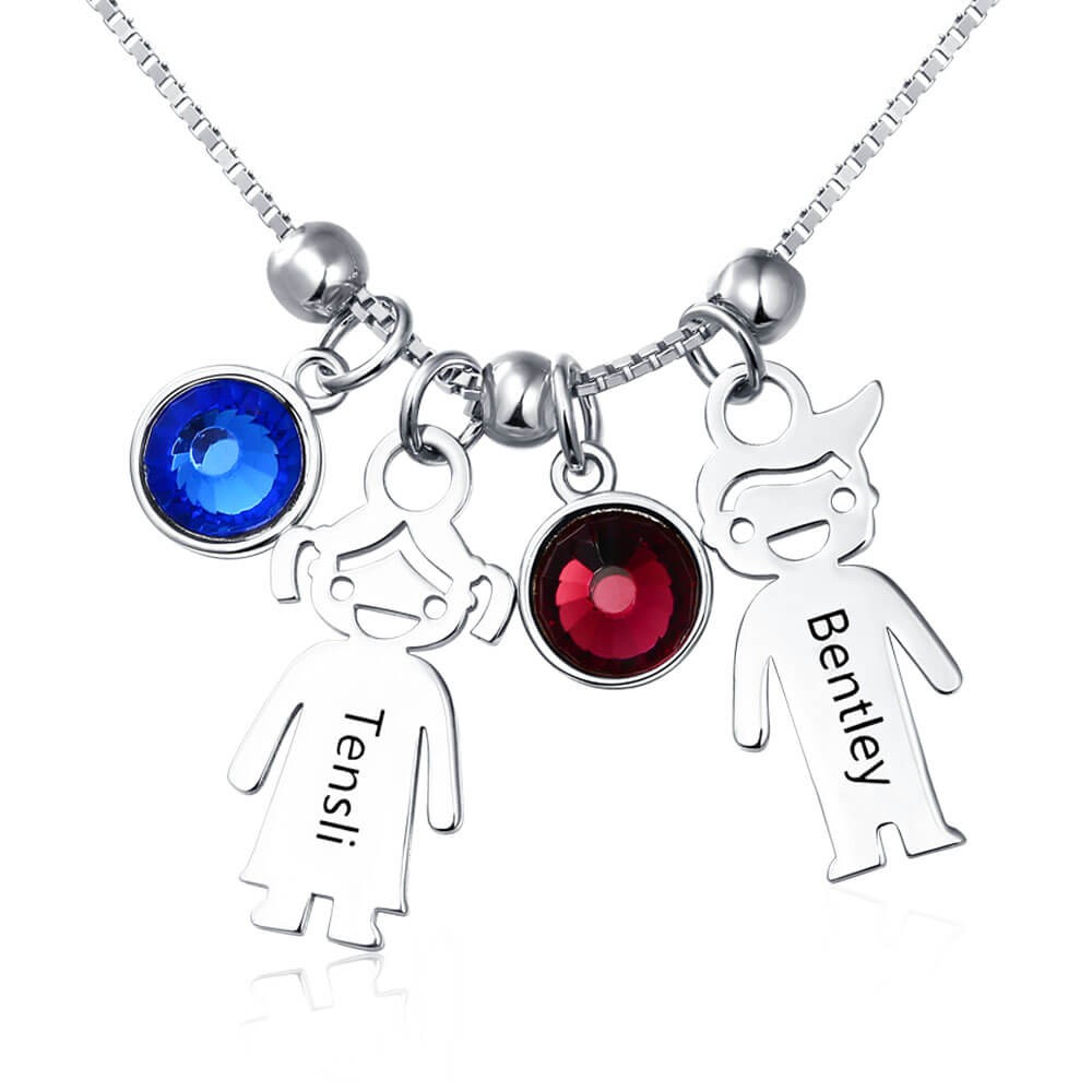 Collana in argento con ciondolo personalizzato 1-12 bambini con nome inciso con pietra portafortuna