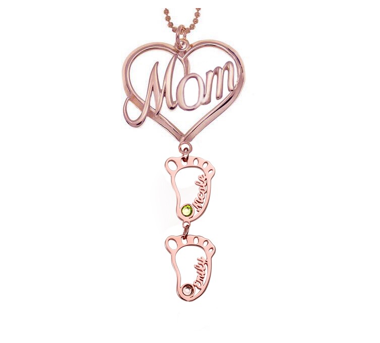 Collana personalizzata con nome in pietra portafortuna con ciondolo BabyFeet 1-10 MOM Heart personalizzato