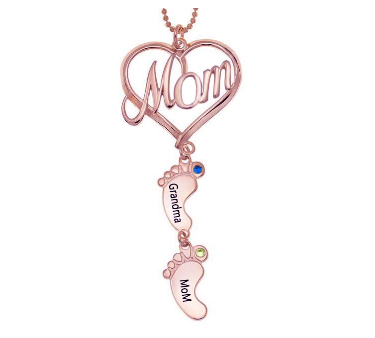 Collana personalizzata con nome di pietra del parto con ciondolo a forma di cuore di mamma 1-10 piedi di bambino