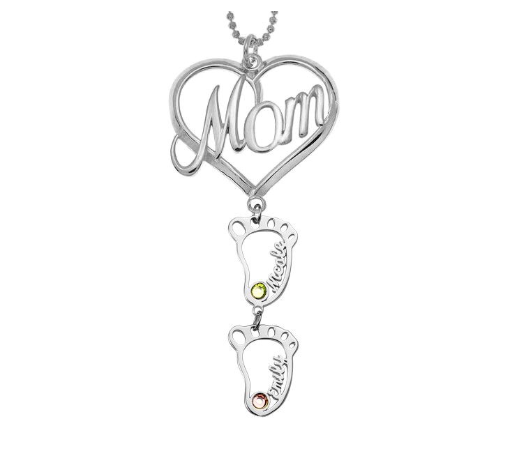Collana con nome in pietra portafortuna personalizzata con ciondolo BabyFeet in argento 1-10 con cuore MAMMA personalizzato