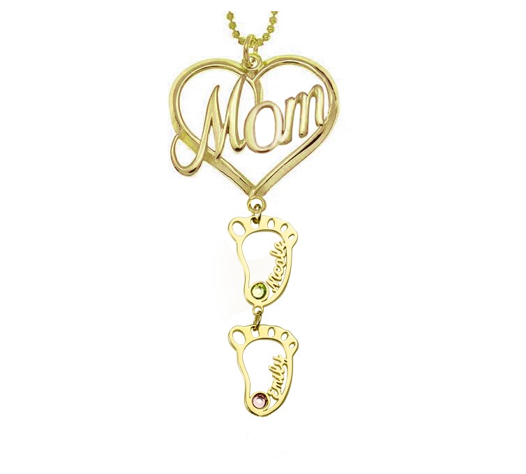 Collana personalizzata con nome in pietra portafortuna con ciondolo BabyFeet 1-10 MOM Heart personalizzato