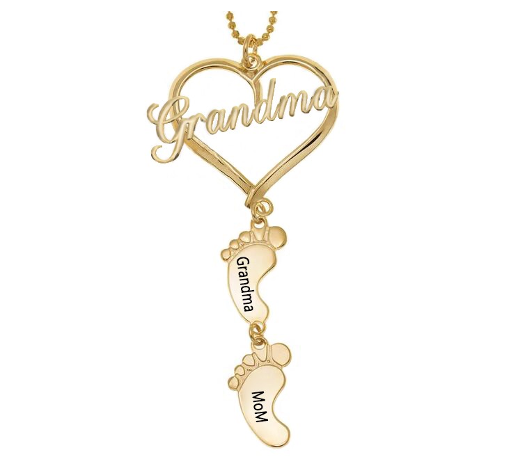 Collana personalizzata con nome inciso con ciondolo Love Grandma Heart 1-10 piedi di bambino