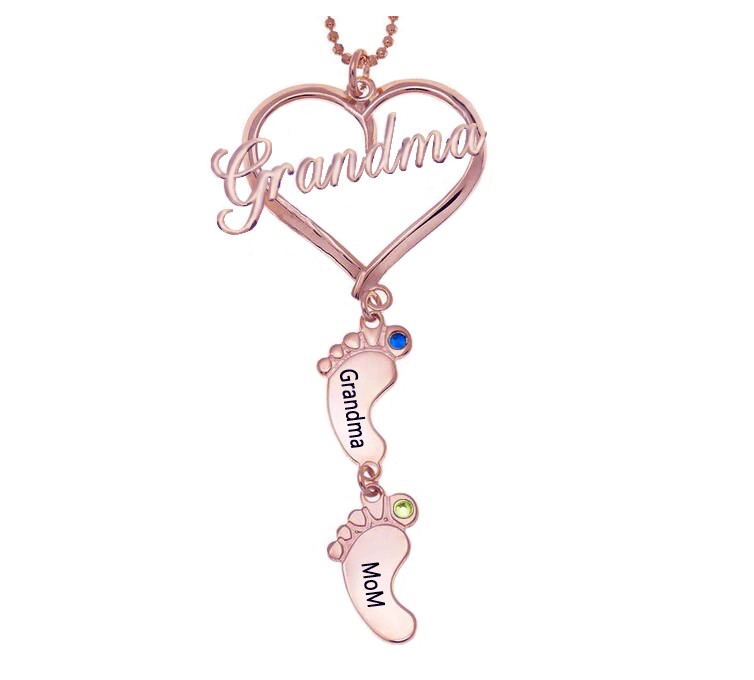 Collana personalizzata con nome di pietra portafortuna con ciondolo a forma di cuore della nonna 1-10 piedi di bambino