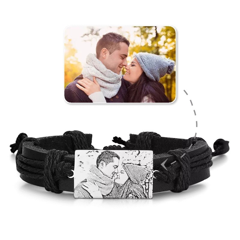 Bracciale da uomo con etichetta rettangolare incisa con foto Bracciale in pelle nera