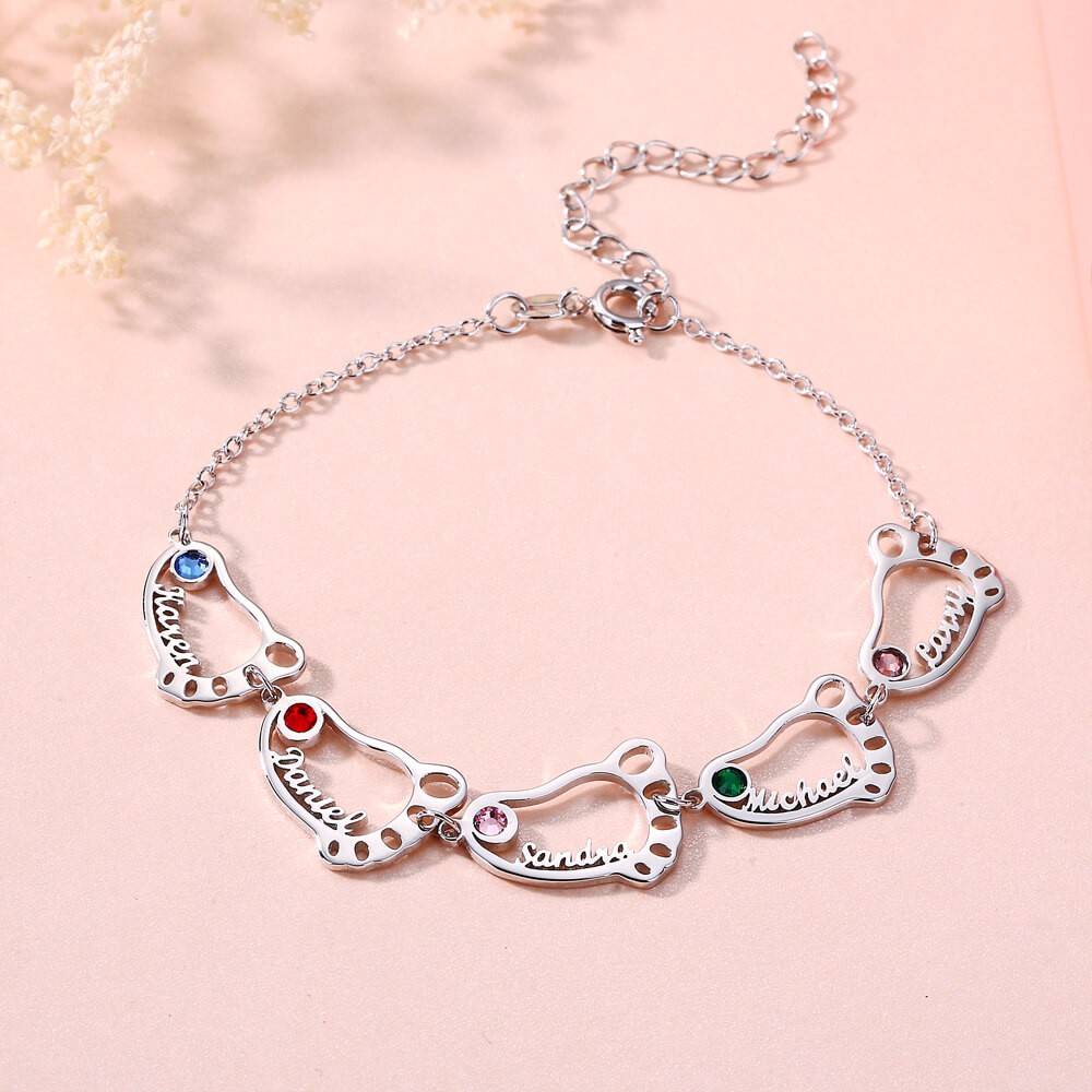 Bracciale in argento personalizzato 1-10 piedi con nome inciso con Birthstone