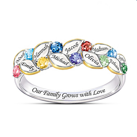 S925 Argento Personalizzato Cuore Birthstone Anello Famiglia Anello Regalo Con 1-9 Nomi