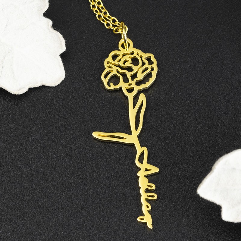 Collana personalizzata con nome floreale con regalo di fiori di nascita per lei