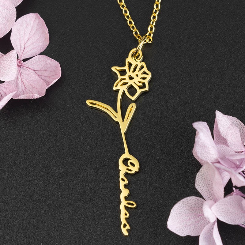 Collana personalizzata con nome floreale con regalo di fiori di nascita per lei