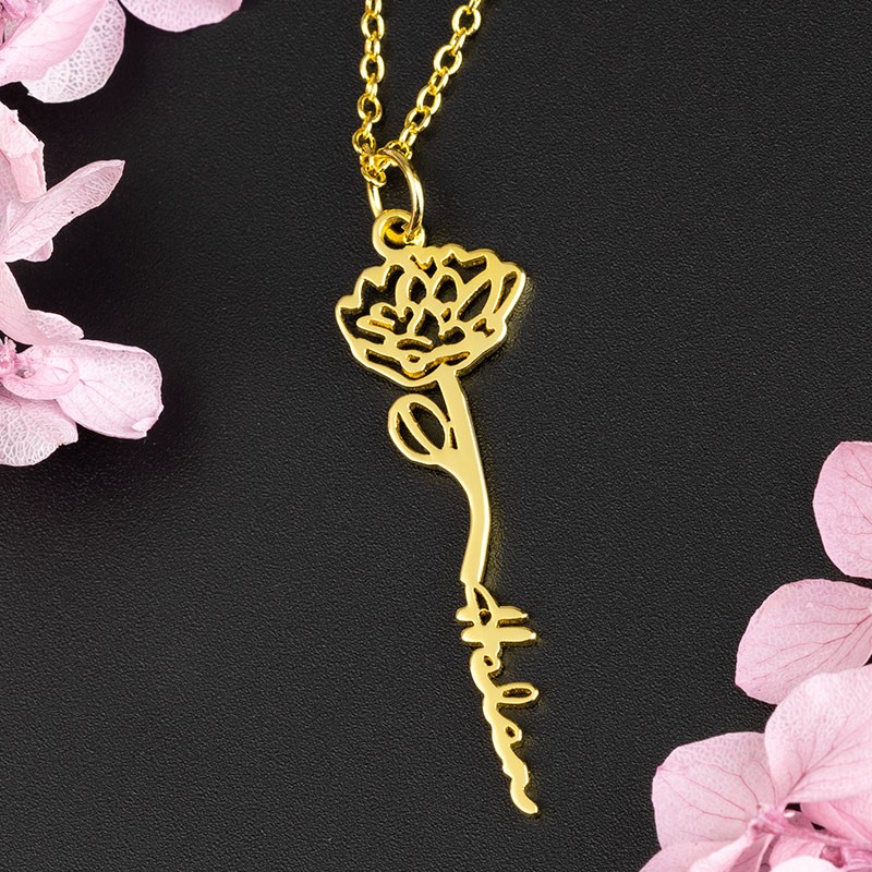 Collana personalizzata con nome floreale con regalo di fiori di nascita per lei