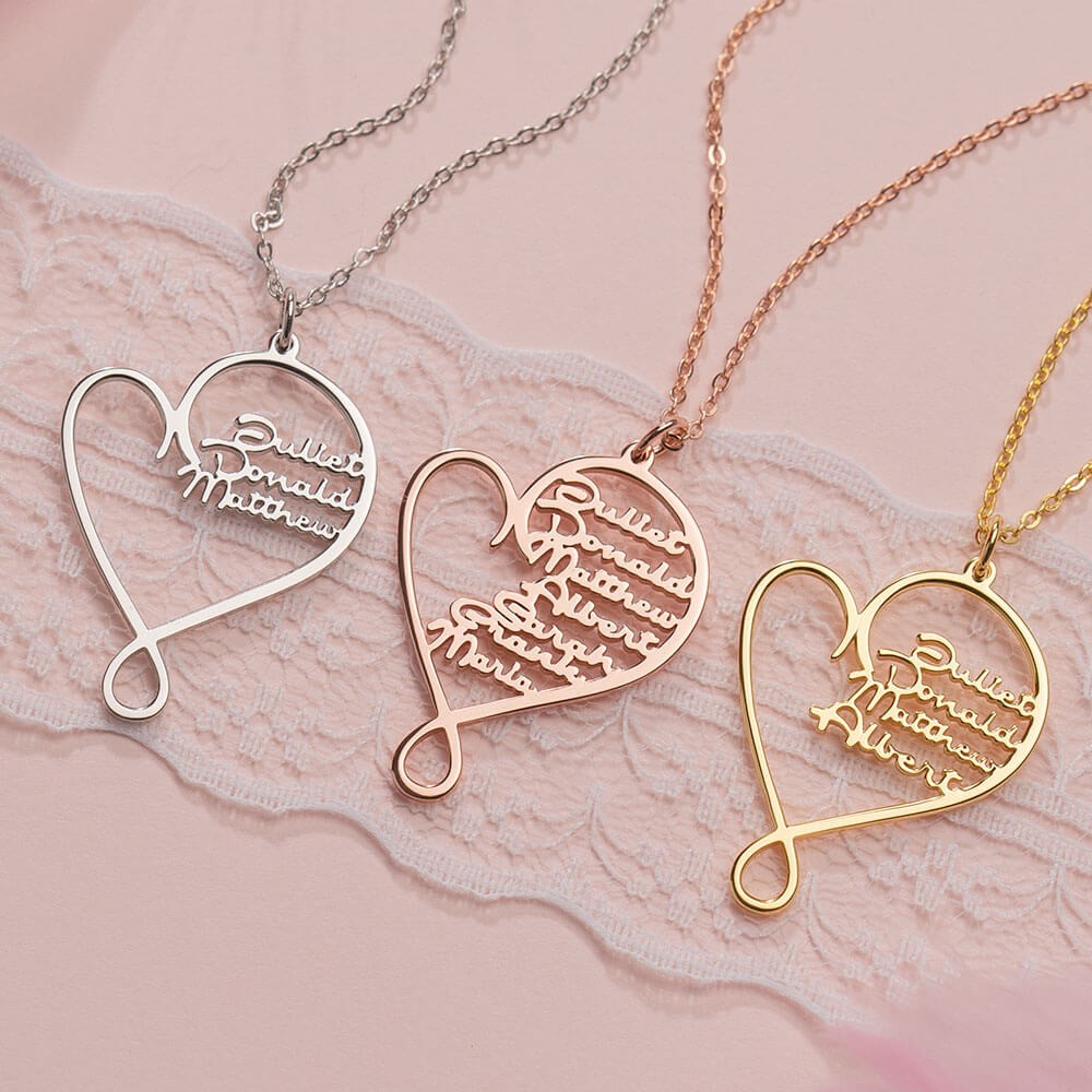 Collana personalizzata in argento con nome Hug and Love Heart con 1-8 nomi