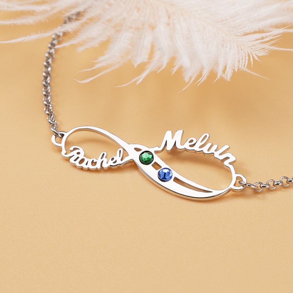 Bracciale personalizzato Infinity 2 Names con Birthstones Regali per coppia