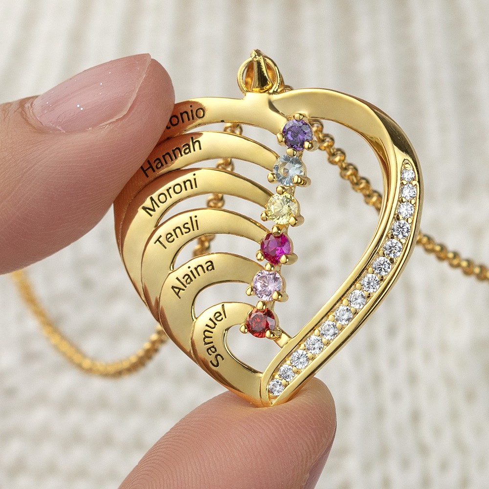 Collana personalizzata a cuore con 1-6 nomi con pietra portafortuna