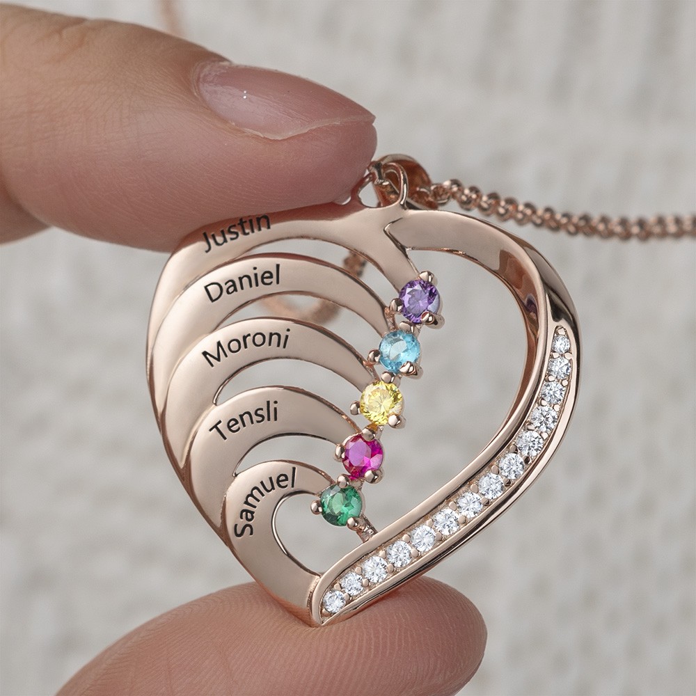 Collana personalizzata a cuore con 1-6 nomi con pietra portafortuna