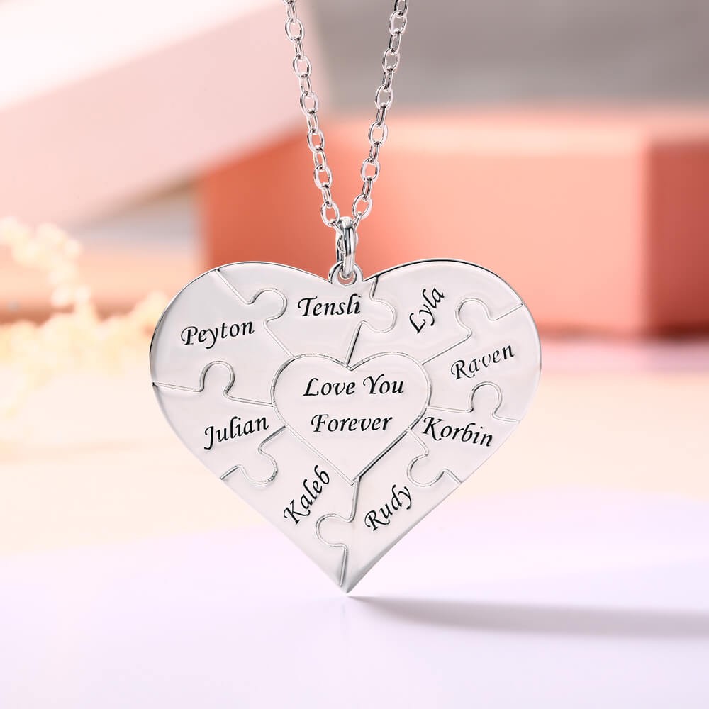 Collana in argento personalizzata con puzzle a cuore 1-12 nomi