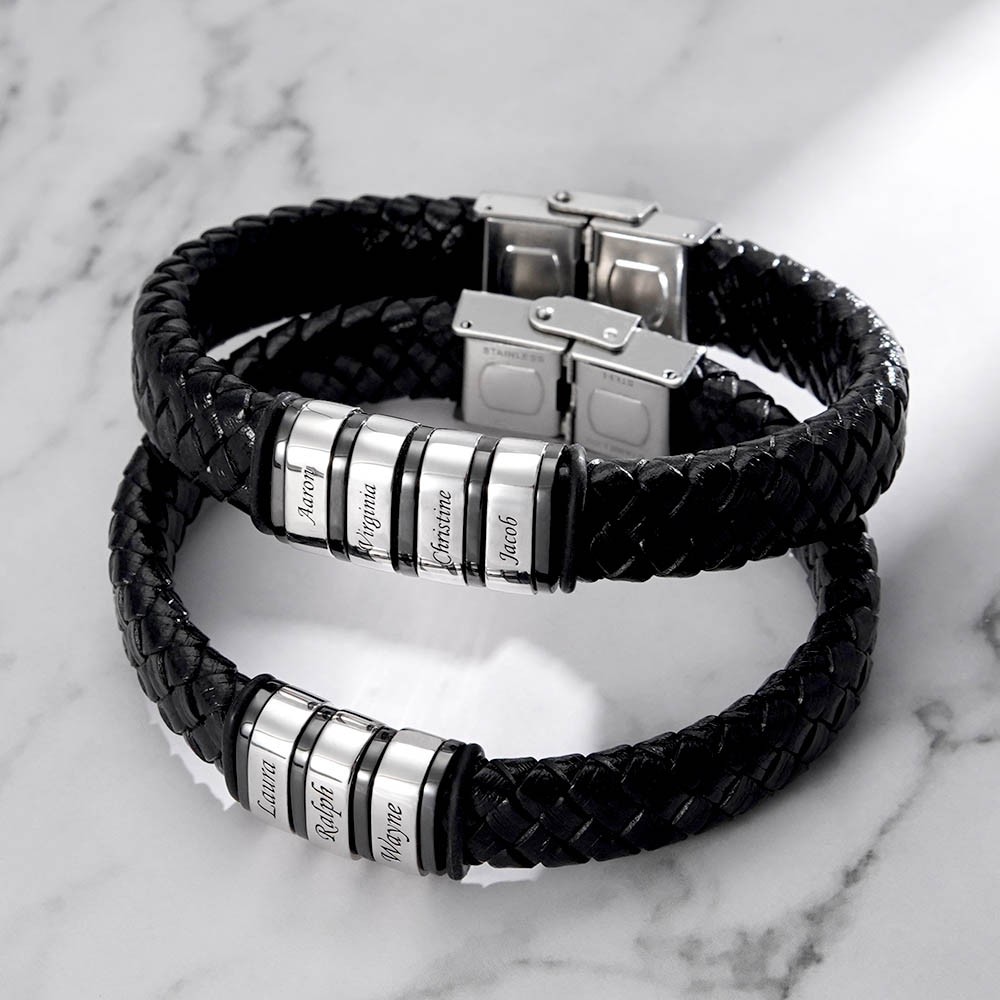 Bracciali in pelle con nome intrecciato con perline da uomo personalizzate con 1-10 perline