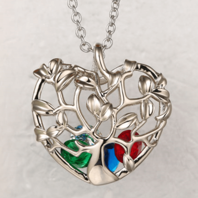 Collana con ciondolo in gabbia con albero genealogico a forma di cuore con 1-8 pietre portafortuna