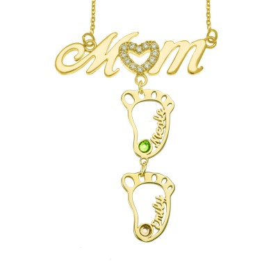 Collana personalizzata con nome di mamma di BabyFeet 1-10 con Birthstone