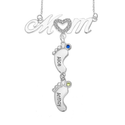 Collana con nome di mamma personalizzata 1-10 BabyFeet in argento con pietra portafortuna