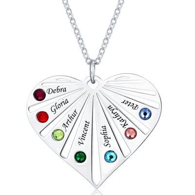 Collana con cuore in argento con incisione personalizzata 1-8 con nome di famiglia con pietra portafortuna