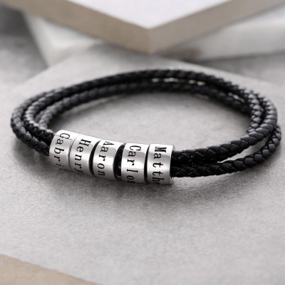 Personalizzato 1-10 perline Incisione Nome Bracciale in pelle nera Regali per lui