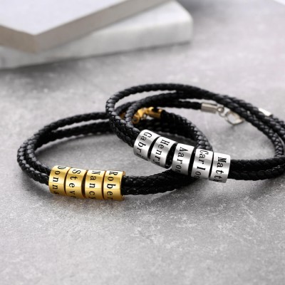 Personalizzato 1-10 perline Incisione Nome Bracciale in pelle nera Regali per lui