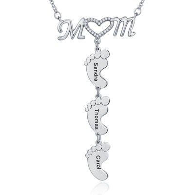 Collana con nome inciso con ciondolo in argento personalizzato MoM Heart 1-8 Baby Feet