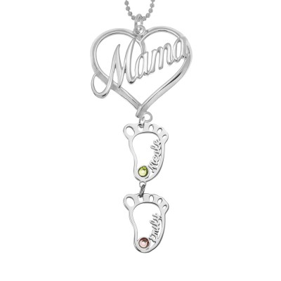 Collana con nome in pietra portafortuna personalizzata con ciondolo BabyFeet in argento personalizzato da 1-10 a forma di cuore della mamma