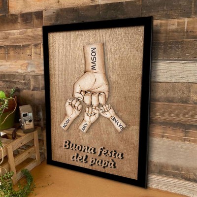 Pugno personalizzato per papà e bambini con cartello in legno inciso per la festa del papà