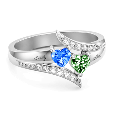 Anello di promessa personalizzato in argento sterling S925 con doppio cuore Birthstone per lei