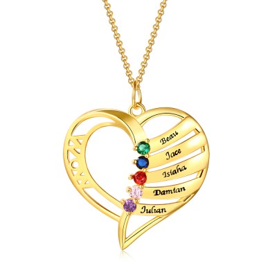 Personalizzato a forma di cuore d'amore 1-6 nomi incisi e collane con pietre del parto