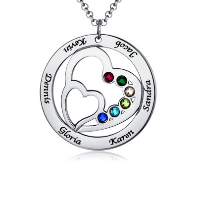 Collana con nome personalizzato doppio cuore 1-7 in argento con pietra portafortuna