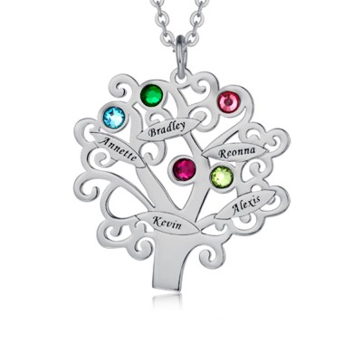 Collana personalizzata con design ad albero della famiglia con 1-6 nomi e pietre portafortuna