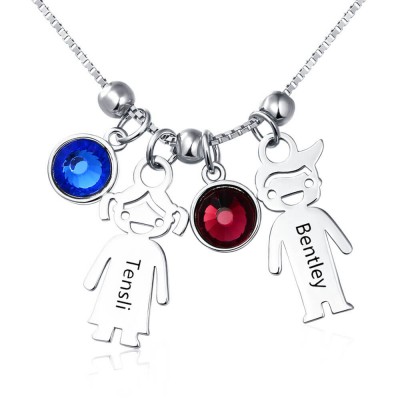 Collana in argento con ciondolo personalizzato 1-12 bambini con nome inciso con pietra portafortuna