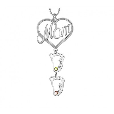 Collana con nome in pietra portafortuna personalizzata con ciondolo BabyFeet in argento 1-10 con cuore MAMMA personalizzato