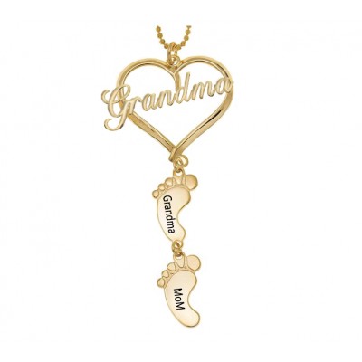 Collana personalizzata con nome inciso con ciondolo Love Grandma Heart 1-10 piedi di bambino