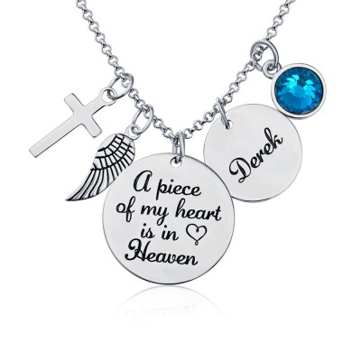 Collana commemorativa personalizzata con nome inciso A Piece of My Heart Is In Heaven con Birthstone Bir