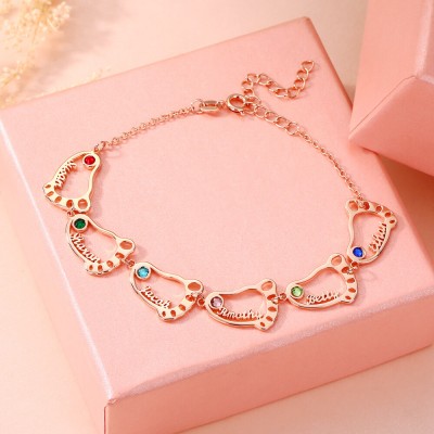 Bracciale con nome personalizzato da 1-10 piedi di bambino con placcatura in oro rosa 18 carati con pietra portafortuna