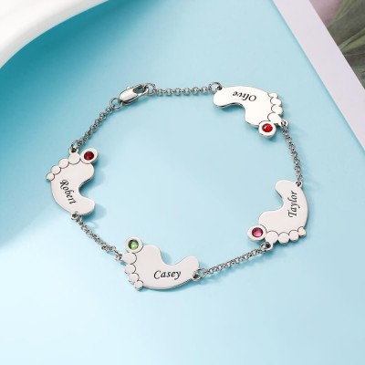 Bracciale personalizzato Birthstone Baby Feet Name con 1-4 Charms