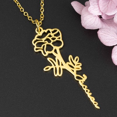 Collana personalizzata con nome floreale con regalo di fiori di nascita per lei